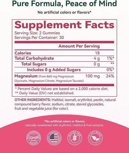 Magnesium Glycinate Plus Gummies 860mg, Sugar-Free, Non-GMO, Gluten-Free, Magnesium Gummies for Adults & Kids, Sleep, Relaxation & Focus, Magnesium Supplement for Women, Mixed Berry Flavor, 120 Count