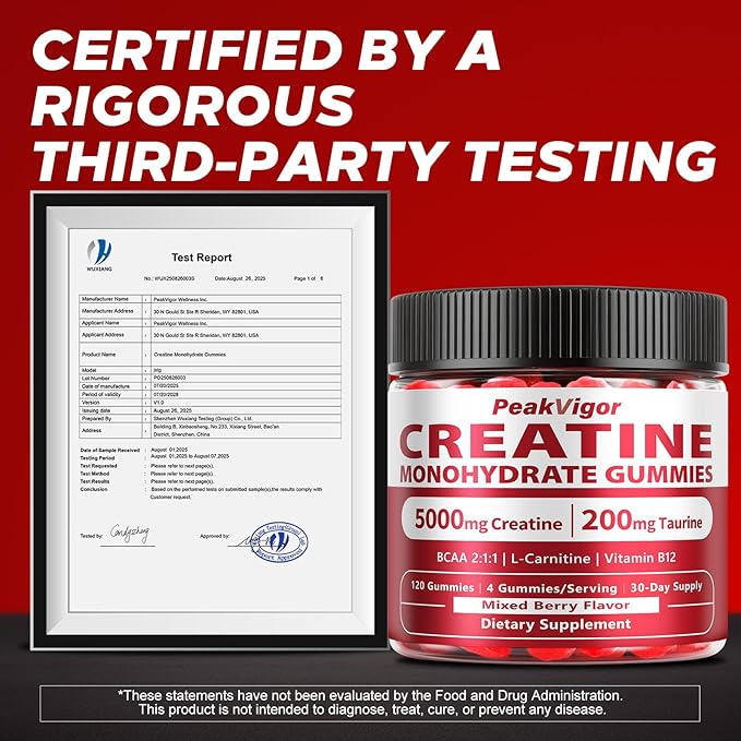 Creatine Monohydrate Gummies for Women & Men, 5000MG Creatine Gummies Sugar Free - Mixed Flavored with L-Taurine, BCAA 21, B12，Vegan, Non-GMO, 120 Gummies