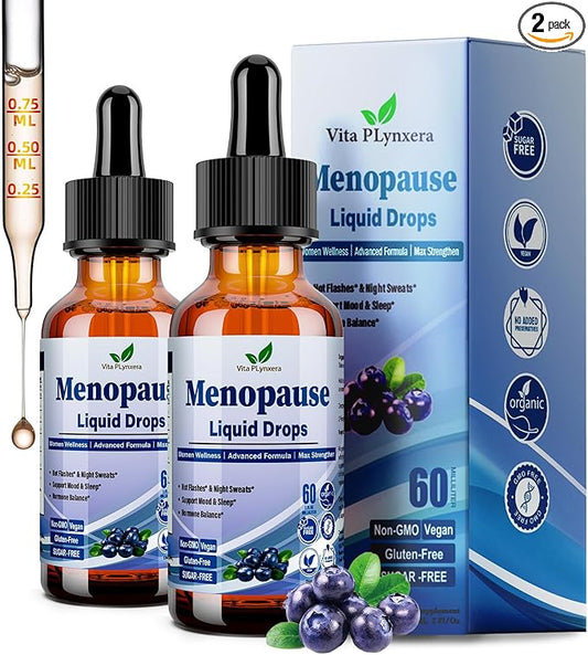 2 Pack Menopause Supplements Liquid Drops, 8-in-1 Menopause Vitamin w. Black Cohosh, Ashwagandha, D3 B6 Multivitamin for Hot Flash, Night Sweats, Hormone Balance & Mood Support for Women Over 40