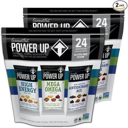 Gourmet Nut Power Up Trail Mix, 2 Pack of 36 Ounce Bags - 100% Natural, Mega Omega Blend, High Energy Snack Assorted - 48 Count Individually Wrapped Packs