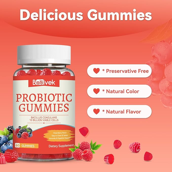 Probiotic Gummies 10 Billion CFU, Bacillus Coagulans for Digestive & Immune Support, Vegan, Non-GMO, Strawberry & Mixed Berry Flavor, 60 Count