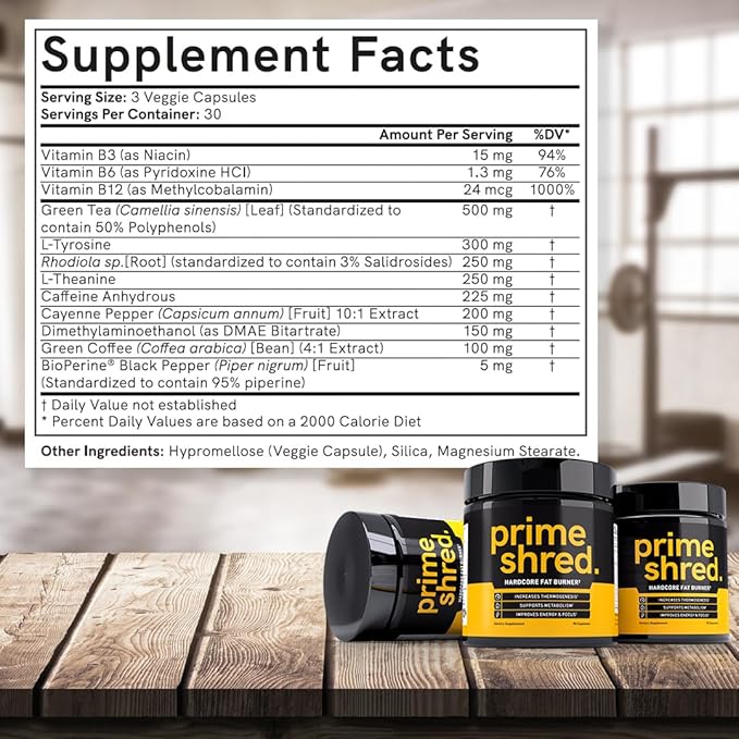 PrimeShred: Fat Burner for Men, Natural Appetite Suppressant, Thermogenic Workout Metabolism Booster & Energy Supplement, Weight Management w/Green Tea, Caffeine L-Carnitine, Vegan & Soy-Free, 90 Caps
