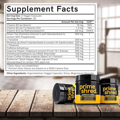 PrimeShred: Fat Burner for Men, Natural Appetite Suppressant, Thermogenic Workout Metabolism Booster & Energy Supplement, Weight Management w/Green Tea, Caffeine L-Carnitine, Vegan & Soy-Free, 90 Caps