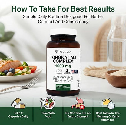 PRISTINE'S Tongkat Ali Capsules - 1000MG 60 Day Supply - Athletic Performance Support - Lean Mass Muscle Building Herbal Supplement for Men & Women - Vegan, Gluten Free, Non GMO