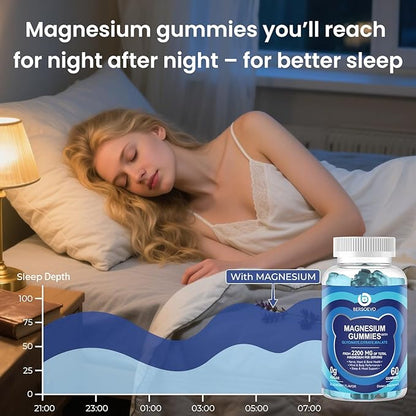 Magnesium Glycinate Gummies 2200mg, High Absorption Magnesium Glycinate, Citrate, Malate Gummies for Adults and Kids, Sugar Free, Vegan for Sleep Support, Blueberry, 60 Count