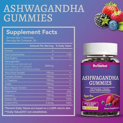 Ashwagandha Gummies 3000mg - Stress Relief, Immune Support & Increased Energy - Ashwagandha Supplements for Women & Men - Natural Mixed Berry Flavor (60 Count)