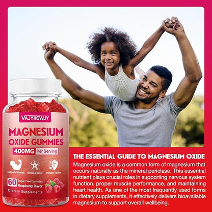 Magnesium Oxide Gummies 400mg for Adults & Kids – High Absorption Stress Relief, Muscle Relaxation – Vegan, Non-GMO, Raspberry Flavor – 120 Count