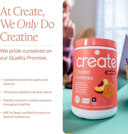 Create Creatine Monohydrate Gummies for Men & Women, Boost Focus, Strength, and Endurance, Anti-Melting Formula, Vegan, Gluten-Free, Non-GMO, 1.5g of Creatine per Gummy (Sour Peach)