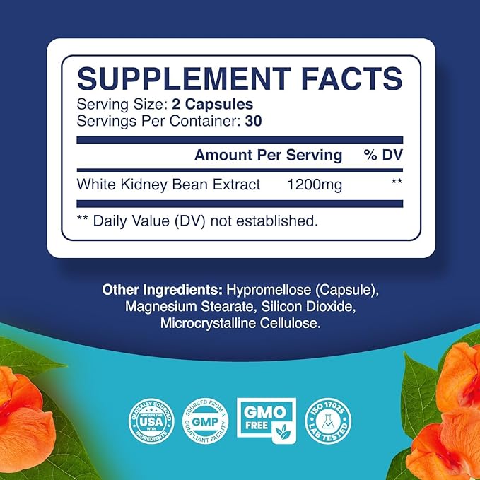 White Kidney Bean Extract Carb Blocker - White Kidney Beans Supplement for Metabolism Boost & Ease Calories from Starchy Food - Carb Control Supplements - 60 Count