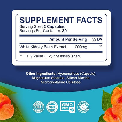 White Kidney Bean Extract Carb Blocker - White Kidney Beans Supplement for Metabolism Boost & Ease Calories from Starchy Food - Carb Control Supplements - 60 Count