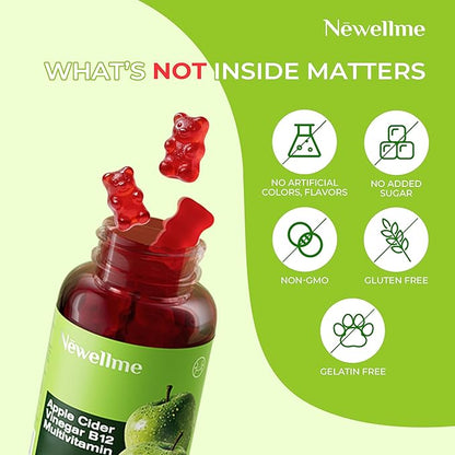 NEWELLME ACV Gummies with the Mother & B12 – Sugar-Free, Great-Tasting Vegan Gummies for Digestion, Metabolism & Daily Energy Support, 120 Count