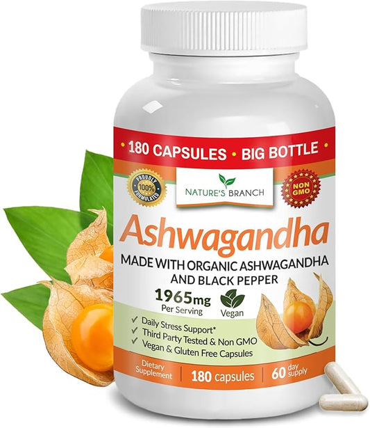 UDAF Certified Organic Ashwagandha with Black Pepper, 1965mg - Extra Strength for Stress, Sleep, Mood, Thyroid, Energy, Hair, Vegan Pure Root Extract Powder Supplement for Men and Women | 180 Capsules