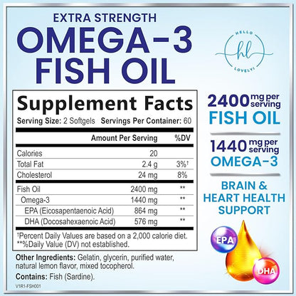 Omega 3 Fish Oil Supplements - 2400mg Fish Oil Per Serving - Triple Strength Omega-3 with EPA & DHA Fatty Acids - Natural Heart, Brain & Immune Support - Wild Caught, Bottled in USA - 120 Softgels