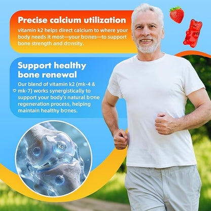 Vitamin K2 Gummies, Dual Formula Vitamin K2 Supplement with MK-7 & MK-4, Supports Bone Health, Gluten-Free, Sugar-Free, Non-GMO, Strawberry Flavor, 60 Gummies