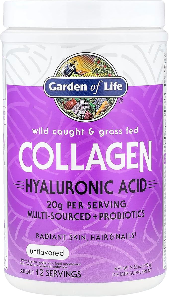 Garden of Life Marine & Grass-Fed Collagen Peptides Powder Supplement (Type I, III) with Probiotics, BCAAs & Hyaluronic Acid for Radiant Hair, Skin & Nails – Unflavored, 20g per serving, 12 Servings