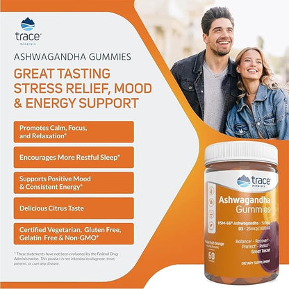 Trace Minerals Ashwagandha - Ashwagandha Gummies for Supporting A Healthy Mindset - Calming Supplement - Better Sleep - Immune System & Energy Support - Passion Fruit Orange - 60 Count (30 Servings)
