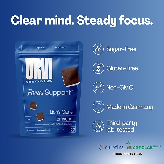 URVI Lion's Mane Gummies 5-in-1 – 9000mg Lion's Mane, Panax Ginseng, Folate 5-MTHF, B12 & Iodine – Nootropic Brain Supplement, Boosts Memory, Focus & Energy – Sugar-Free – Cola Flavor – 60 Count