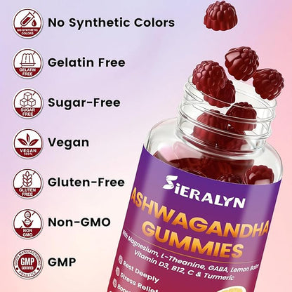 Ashwagandha Gummies 2000mg, Ashwagandha Supplements for Women Men with L-Theanine, GABA, Magnesium, Vitamins – Stress Relief, Immune & Mood Support, Sugar-Free, Vegan, Non-GMO, 60 Count
