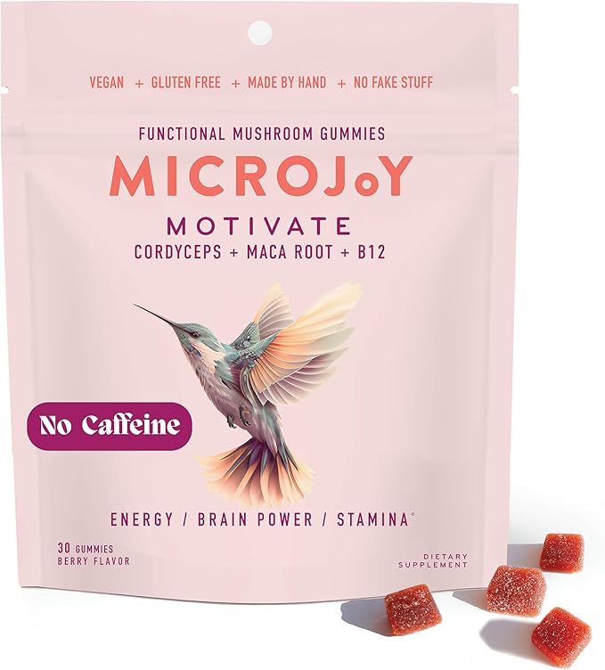 Microjoy Motivate Gummies – Energy, Stamina & Brain Support with Cordyceps Mushrooms, Maca & Vitamin B12 – Vegan, Gluten-Free, Non-GMO – Berry Flavor – 30 Servings