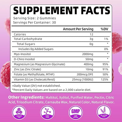Pack of 2 Myo-Inositol & D-Chiro Inositol Gummies, 40:1 Ratio Inositol Supplement with Vitamin D3, Magnesium Glycinate, Folate & Zinc, for Female Health & Wellness, Raspberry Flavor, 120 Count