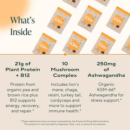 OM MUSHROOM SUPERFOOD Master Blend Vegan Protein – Organic Chocolate Plant Protein with 10 Mushrooms, Ashwagandha, BCAAs & B12 – Energy, Recovery & Immune Support – 10 Single Serves