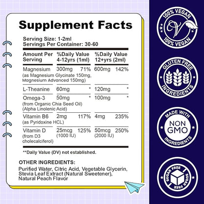 Kids Magnesium Liquid Drops-Magnesium Glycinate Liquid for Kids Supplement-w/L-theanine, Omega-3, Vitamin B6, D3 - for Sleep, Relaxation, Brain, Bones - Peach Flavor, 4 Fl Oz