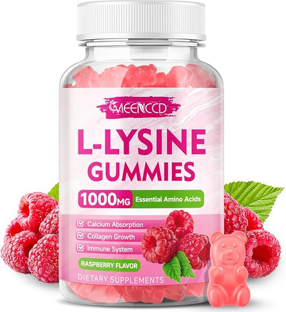 MEENCCD L-Lysine 1000mg Gummies, Lysine Supplement for Adults & Kids, Essential Amino Acid Supplement Supports Collagen Formation, Sugar-Free, Raspberry Flavor, 60 Count