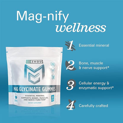 Zhou Mag Gly Gummies - Magnesium Glycinate Gummies for Women & Men, Cellular Energy Support, Muscle & Nerve Function Support, Vegan, Gluten Free, Natural Fruit Punch Flavor - 50 Count