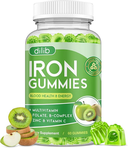 Iron Gummies with Multivitamin, Iron Supplement for Women & Men with Zinc, Vitamin B Complex & C, B12, Folate - Blood Builder & Energy Support for Adults & Kids - Green Apple & Kiwi Filled Gummies