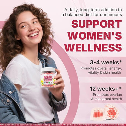 Nextdia Inositol Gummies Supplement with Evening Primrose Oil for Women - 40:1 Ratio Myo-Inositol 2000mg & D-Chiro Inositol 50mg with VIT D3 B12 & Zinc, Sugar-Free for Natural Balance, Vegan (120ct)