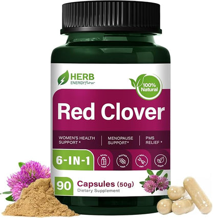 HERBENENERGYflow Red Clover Capsules, 90 Count. Women Health Supplement | Women’s Health Support, Menopause Support & PMS Relief. | Non-GMO, Vegetarian Capsules w/Black Cohosh Dong Quai.