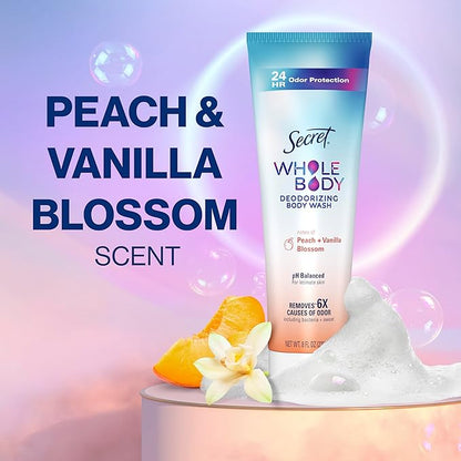 Secret Feminine Wash, 24 HR Deodorizing Feminine Body Wash for Women, Removes 6x Causes of Odor, PH Balanced, Safe to Use Everywhere, Peach & Vanilla Blossom Scent, 8.0 oz, (Pack of 2)