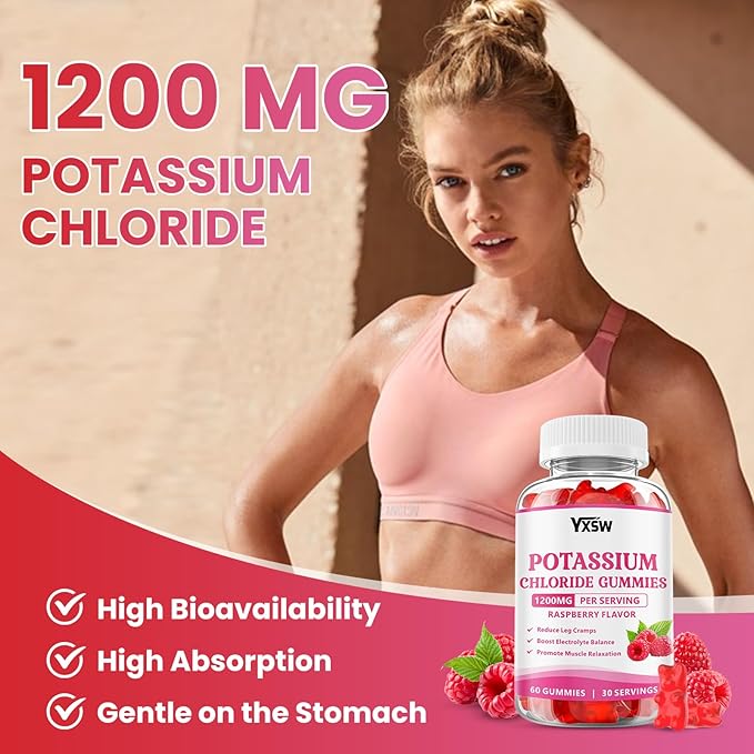 Potassium Gummies for Adults, Potassium Chloride 1200mg, Potassium Supplement for Women & Men, Supports Electrolyte Balance & Muscle Health, Sugar-Free, Raspberry Flavor, 60 Count