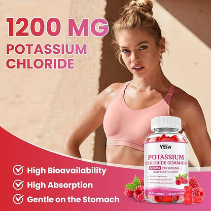Potassium Gummies for Adults, Potassium Chloride 1200mg, Potassium Supplement for Women & Men, Supports Electrolyte Balance & Muscle Health, Sugar-Free, Raspberry Flavor, 60 Count