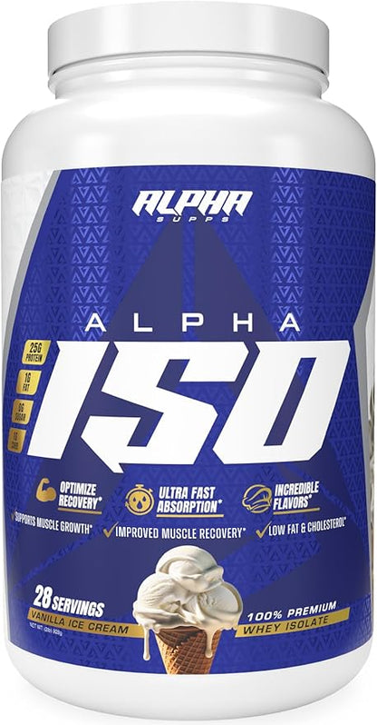 Alpha Supps ISO, Low Carb 100% Whey Protein Isolate Powder, 25 Grams Per Serving, Helps Support Muscle Growth, Low Sugar and Gluten Free (Vanilla Ice Cream, 2 lb)
