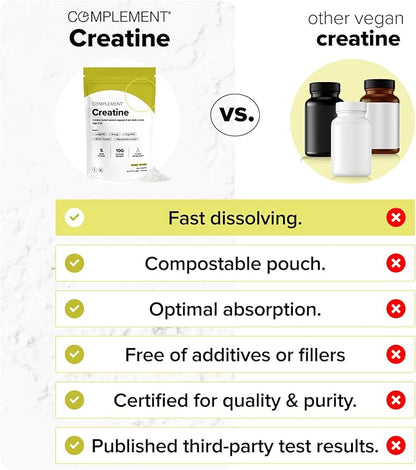 Complement Creatine Monohydrate Micronized Powder - Pre-Workout, Post-Workout, Muscle Recovery, Brain Health, Longevity, Energy Supplements for Women and Men - Vegan, Unflavored (5g, 60 Servings)