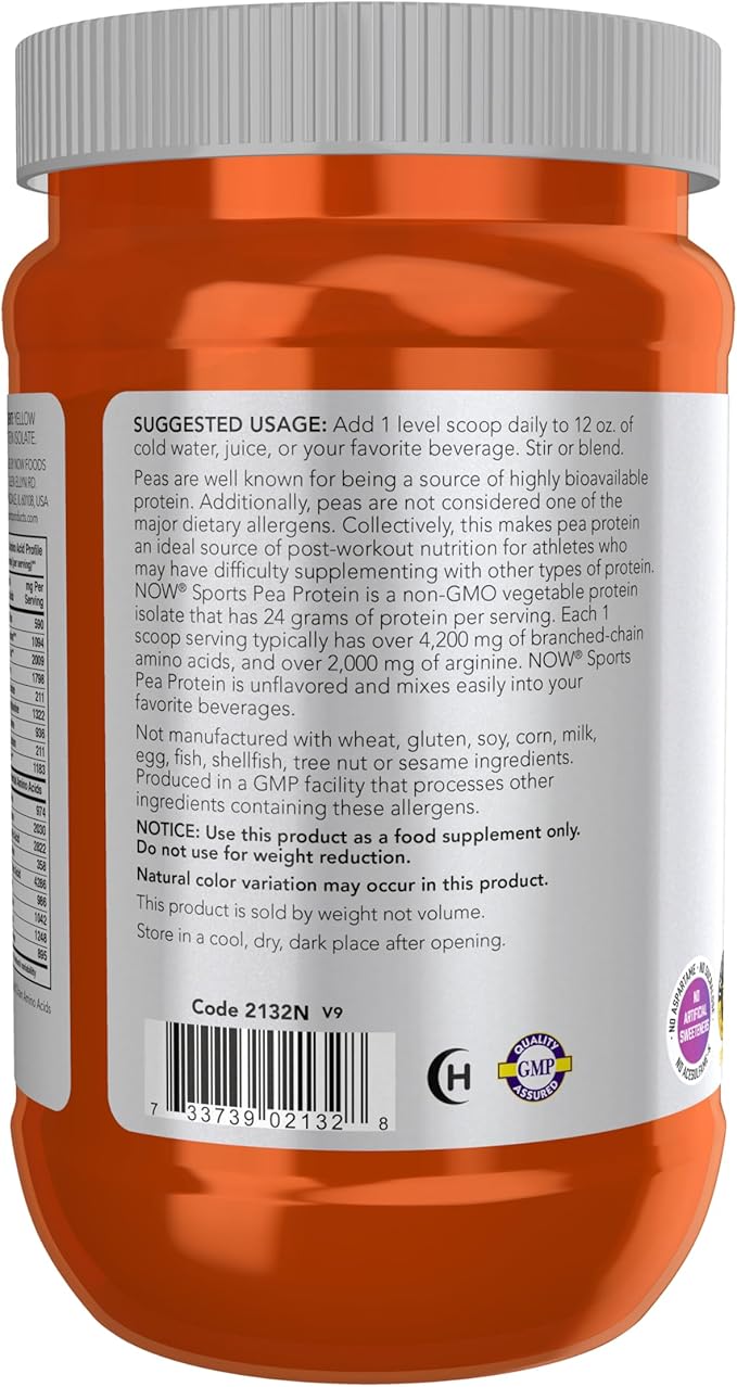 NOW Foods Sports Nutrition, Pea Protein 24 g, Easily Digested, Unflavored Powder, 12-Ounce