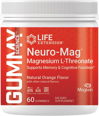 Life Extension Gummy Science™ Neuro-Mag® Magnesium L-Threonate, Memory Support, Quick Thinking, cognition, Magnesium Supplement, Gluten-Free, Non-GMO, Orange Flavor, 60 Gummies