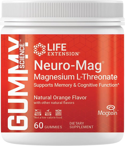Life Extension Gummy Science™ Neuro-Mag® Magnesium L-Threonate, Memory Support, Quick Thinking, cognition, Magnesium Supplement, Gluten-Free, Non-GMO, Orange Flavor, 60 Gummies