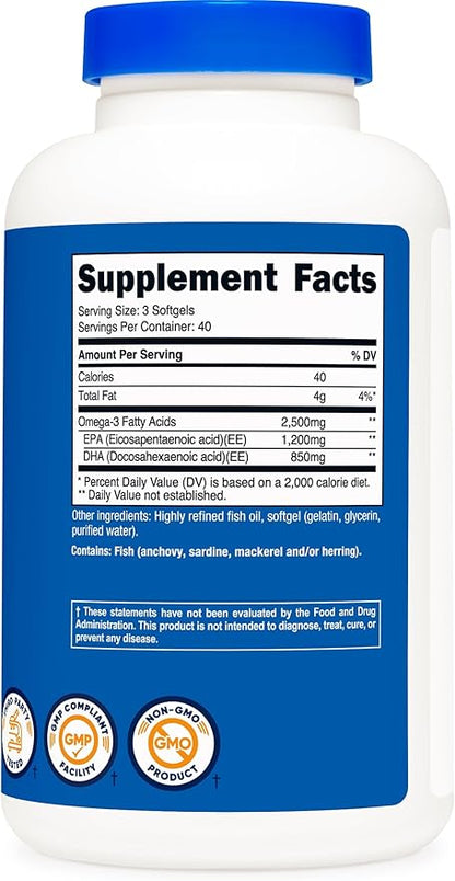 Nutricost Omega 3 Fish Oil - 2500MG, 120 Softgels (40 Serv) - Fish Oil, Wild Caught! 1200mg EPA 850mg DHA - Non-GMO, Gluten Free