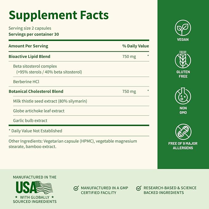 Snap Supplements Cholesterol Health - Artichoke, Milk Thistle, Garlic, and Berberine Supplement with Beta Sitosterol (95% Plant Sterols) for Digestive and Metabolic Support, 60 Capsules (30 Servings)