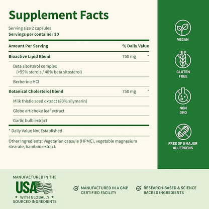 Snap Supplements Cholesterol Health - Artichoke, Milk Thistle, Garlic, and Berberine Supplement with Beta Sitosterol (95% Plant Sterols) for Digestive and Metabolic Support, 60 Capsules (30 Servings)