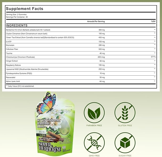 BUTTERFLY'S TEAR Berberine Supplement Gummies – Support Healthy Metabolism with Ceylon Cinnamon, Turmeric, Green Tea, Vegan, Non-GMO, Gluten-Free - Green Grape Flavor (2 Pack 120 Chew)