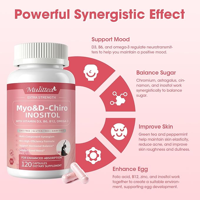 Mulittea Myo-Inositol & D-Chiro Supplement for Women - 14-in-1 Liposomal Inositol with Folic Acid,Omega-3 & Multivitamin for Hormone Balance,Support Ovarian,Skin & Mood- 40:1 Vegan 120 Capsules