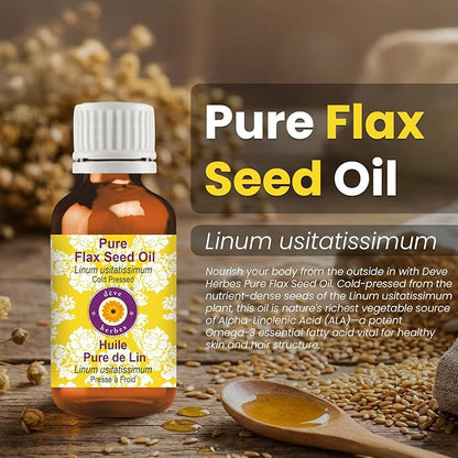 Deve Herbes Flax Seed Oil (Linum usitatissimum) | Cold Pressed | Pure | Natural | Undiluted | For Diluting Essential oils | For Skin & Massage | Non-Sticky | Lightweight | Men & Women | 50ml (1.69 oz)