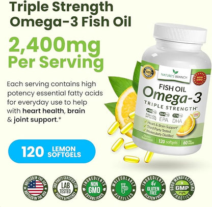 Triple Strength Omega 3 Fish Oil Supplements 2400mg | 120 Capsules, Burpless High Potency Lemon Flavor, High EPA DHA for Men & Women Ultra Pure Softgels | Joint Support, Eyes, Heart Brain Health Pills