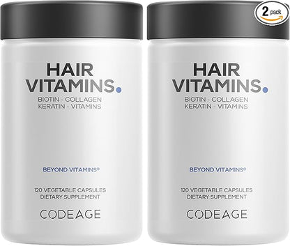 Codeage Hair Vitamins 10000 mcg Biotin, Keratin, Collagen, Vitamin A, B12, C, D3, E, Zinc, Turmeric, Probiotics, Enzymes, Inositol - Hair Care Support - Healthy Hair Supplement Pills - 2 Pack