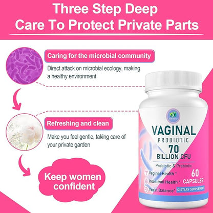 Vaginal Probiotics, PH Balance for Women, 70 Billion CFUs Womens Probiotic for Vaginal health, Urinary, Odor Control, Flor, Ph Balance & Hormone, with Prebiotic & D-Mannose - Shelf Stable, 60 Caps