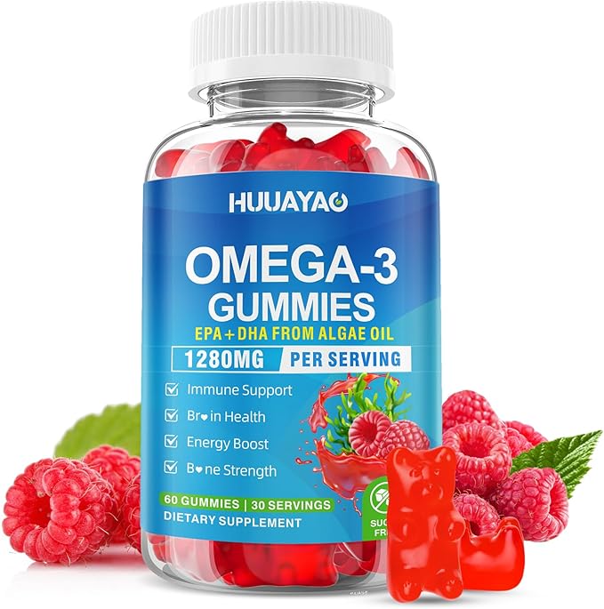 Vegan Omega-3 Gummies 1028mg, Omega 3 Fish Oil Alternative for Adults w/EPA 400mg & DHA 600mg & Vitamin A, C, E Supports Brain, Eye & Immune Health, Sugar Free, Raspberry Flavor, 60 Count