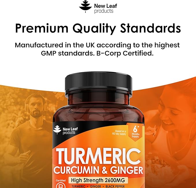 Turmeric Tablets - High Strength Extract with Black Pepper & Ginger (365 Tablets) Active 95% Turmeric Curcumin Supplements, Vegan, GMP, GMO Free Gluten Free, UK Made by New Leaf